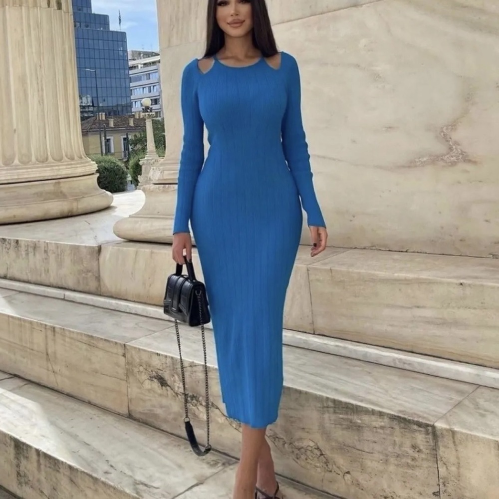 Zara Cut Out Knit Electric Blue Midi Pointelle Dress 8689/012 Medium